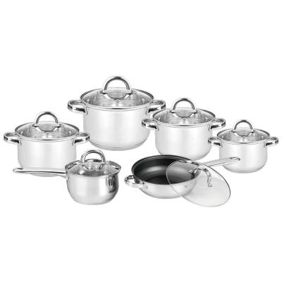 China Stocked 12pcs stainless steel cookware set pot steamer soup pot milk pot stove combination for sale