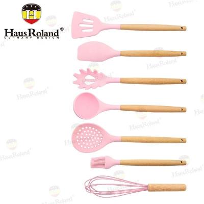 China HausRoland Silicone Stocked Kitchenware Set Macaron Color Wood Handle Frying Shovel Scraper Strainer Oil Brush Egg Beater Baking for sale