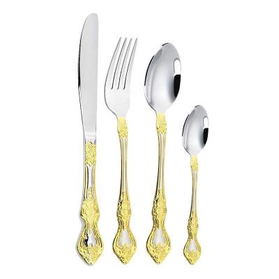 China High Grade Gold Plated Western Knife, Fork And Spoon Stocked Stainless Steel Dinnerware 24 Pieces Set Portable Gift Box Packaging for sale