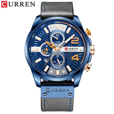 China Curren 8393 Automatic Date Design 24mm Water Proof 3 Dials Choronograph Hand Genuine Leather Casual Watch New for sale