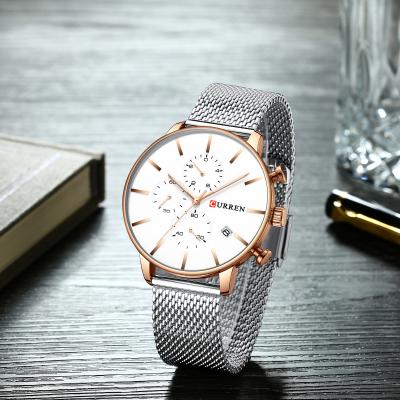 China Wholesale Men's Chronograph Curren 8339 Silver Mesh Band 6 Hands Date Display Simple Casual Wrist Watch for sale