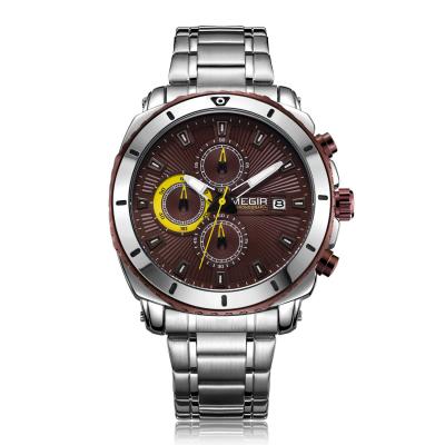 China Popular Mens Quartz Watch Silver Stainless Steel Band 3 Weird Dials Chronograph Megir 2075 Class Single Hand Casual Watch for sale