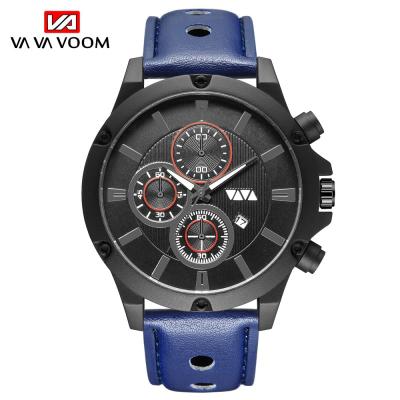 China 2019 Men's Fashion Casual Watch Kit Chronograph VAVA VOOM VA-202 Quartz Watch PU Leather Strap 3 Dials Blue Calendar Storage for sale