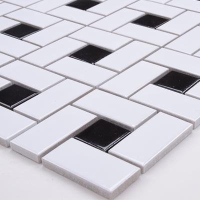 China Parquet Floor Mosaic Bathroom Basket Weave Black And White Ceramic Tile Inlays Pattern for sale