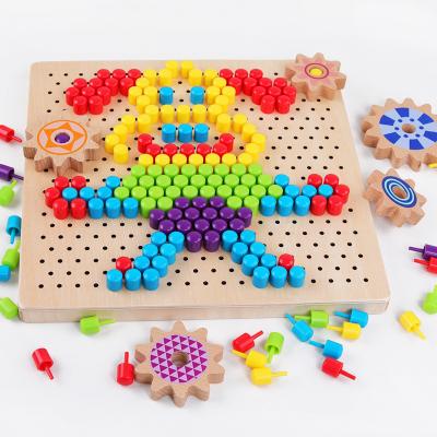 China Hot Wood+plastic Hand Brain Shaping 3D Painting Puzzle Pegboard Wooden Mushroom Nail Toys For Kid Educational for sale