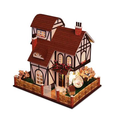 China DIY TOY Hot Sale DIY Wooden Dollhouse With LED Toys For Kid Flower Town Dollhouse Wooden Crafts Puzzle Toys For Children for sale