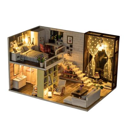 China DIY TOY Hot Sale DIY Wooden Dollhouse With LED Toys For Kid Contracted City Craft Wooden Puzzle Toys For Children for sale