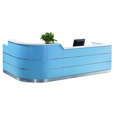 China 2 Meter Fashion Customization Office Service Center Custom Curve Counter Wooden Blue Front Reception With Panel for sale