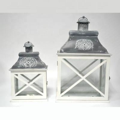 China Vintage Home Decor Vintage Lantern Candle Hurricane Lanterns Solid Wood Decorative Hanging Hanging Set of 2 for sale