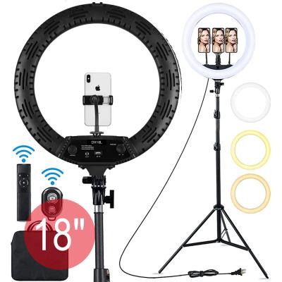 China ABS+aluminum alloy LED selfie live broadcast equipment with 18 inch tripod mobile phone stand makeup ring live light for sale