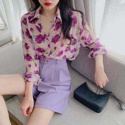 China Anti-pilling Ladies Floral Print Lapel Long Sheath Slim Fit Blusa Button Top Ladies Front V-Neckline Casual Top Shirt for sale