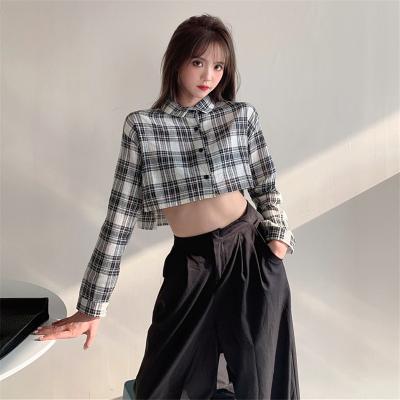 China Anti-pilling 2021 fashion plaid long sleeve shirt women crop top for sale