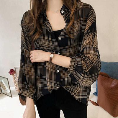 China New Fashion Women Girls Plaid Print Loose Irregular Edge Long Sleeve Lapel Button Shirt Tops Anti-pilling New Fashion for sale