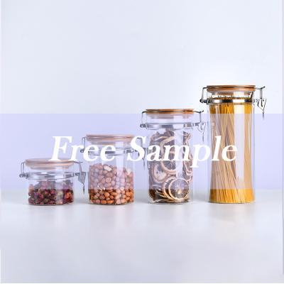 China Freshness Preservation Custom Design Kitchen Canisters Stainless Steel Clasp Glass Storage Bottle Jars With Bamboo Lid for sale