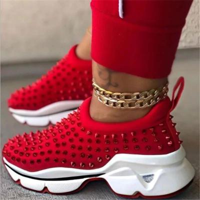 China PVC Women's Fashion Mesh Sneakers Leopard Rivet Chunky Platform Wedge Upper Shoes Slip On Female Running Walking Fly Knit Shoes for sale