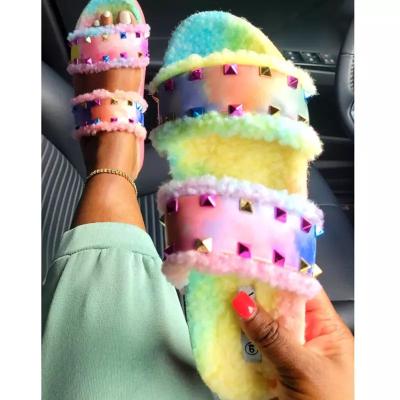 China Rubber Fluffy Fuzzy Slippers Slide Two Strap Faux Fur Rivet Winter Autumn Women Studded Platform Sandals for sale