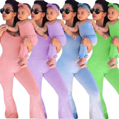 China Mommy and me set outdoor summer halter bodycon overalls baby bell bottoms mommy and me casual color 2021soild outfits for sale