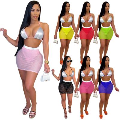 China 2021crystal bikini two piece bikini beach cover up dress high waist women swimsuit skirt set for sale