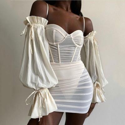 China Anti-wrinkle Women Tube Top Halter Bag Hip Dress Halter Neck Strap Short Skirt Suit Beach Polyester Transparent Dress for sale