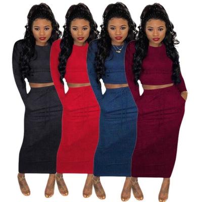 China New winter anti-static autumn crop solid knitted top skirt long 2 pieces set women's clothing for sale