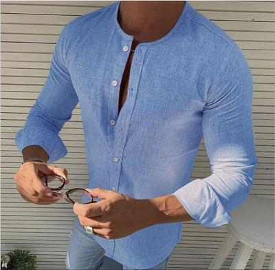 China New Arrival Solid Color Clothing White Shirt Mens Anti-pilling Long Sleeve Collarless Canvas Shirts for sale