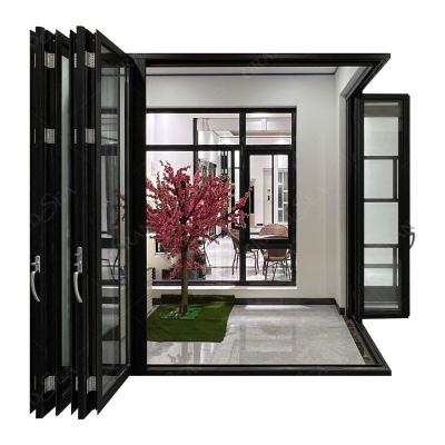 China Exterior Balcony Glass Black Entrance Waterproof Windproof Double Sliding Aluminum Patio Bi-Folding Folding Door With Mesh for sale