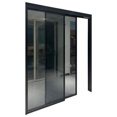 China Heat Insulation Grandsea Design Automatic Electric Black Stainless Aluminum Latest Tempered Glass Sliding Doors for sale