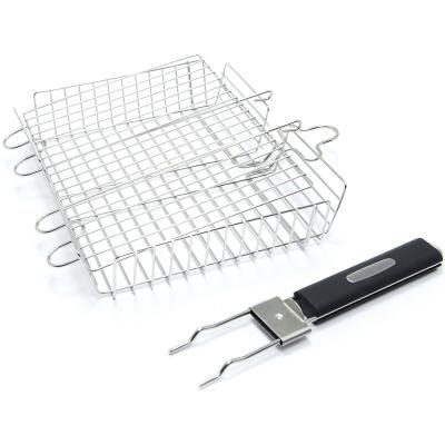 China Large Dustproof Custom Caged Grill Basket With Removable Handle For Fish Corn Hot Dog BBQ Grilling Basket for sale