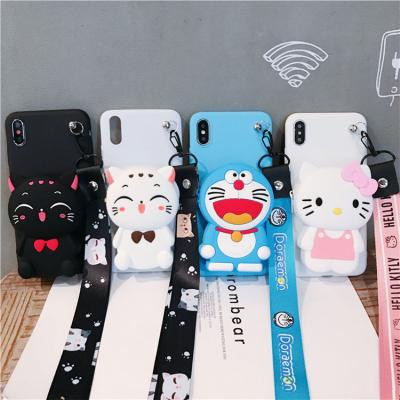 China Anti-drop Drop Shipping Cute 3D Cartoon Cat Wallet Bag Silicone Soft Phone Case For iPhone 12 With Lanyard for sale