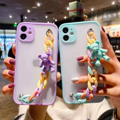 China Transparent Anti-drop Matte TPU Phone Case For iPhone 12 Case With Cute Rainbow Wristband Bear Chain Hanging for sale