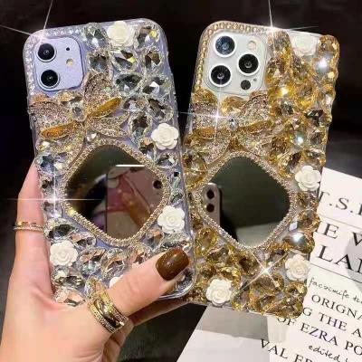 China Creative Anti-fall Rhinestone Mirror For iPhone12 Promax Mobile Phone Case For Pink Protective Case Women for sale