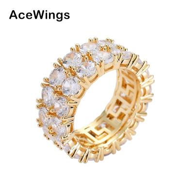 China Hiphop R010 Two Row Men's Ring Brass Gold Silver Color Cubic Zircon Iced Out RING Fashion Hip Hop Jewelry for sale