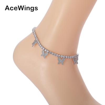 China Hiphop A002 4mm CZ Tennis Brass Anklet Chain With 5 Butterfly Charms With Iced Out Bling Bling Cubic Zirconia Supplement Chain For Women for sale