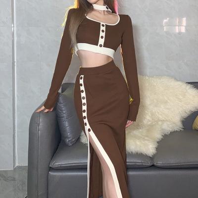 China Winter QUICK DRY Women's Fashion Bodycon Two Piece Dress Sets Cropped Cropped Blouse Split Skirt Color Set for sale