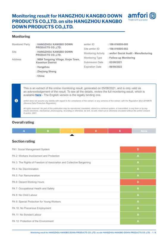 BSCI - Hangzhou Kangbo Down Products Co., Ltd.