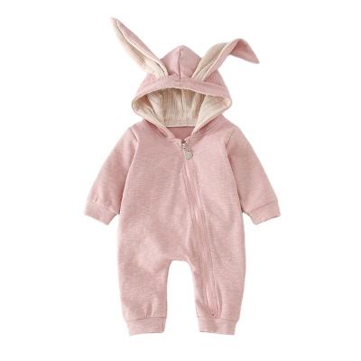 China Wholesale 100% Cotton Infant Bunny Ears Trimmed Cute Zipper Cotton Boy Girl Baby Romper Overalls for sale