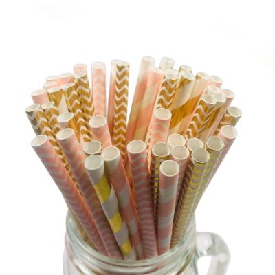 China 100Set Rose Gold and White Striped Fancy Trendy Decoration Disposable Pastel Strohhalm Paper Chevron Art Drinking Paper Straw Party for sale