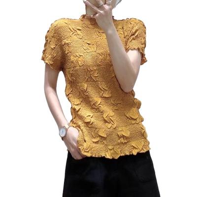 China QUICK DRY Miyake Pleated Short T-shirt Summer Temperament Embroidery Blouse Sleeve Sailor Collar Loose Top T-skirt For Women for sale