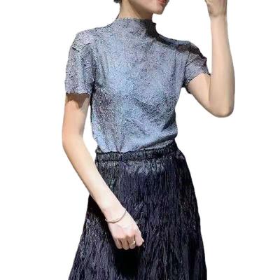 China 2023 Summer QUICK DRY Ladies Blouses Solid Color Miyake Pleated Tops Sailor Collar Sleeve Digital Printed Beading T-skirt Or Women for sale