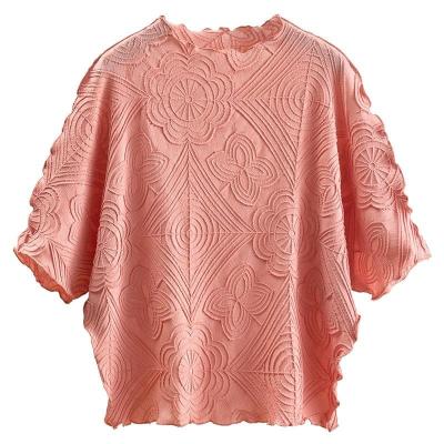 China QUICK DRY Miyake Pleated T-shirt Short Summer Temperament Embroidery Blouse Sleeve Sailor Collar Loose Top T-skirt for sale