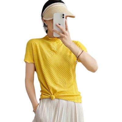 China 2023 Summer QUICK DRY Ladies Blouses Solid Color Miyake Pleated Tops Sailor Collar Sleeve Digital Printed Beading T-skirt For Women for sale