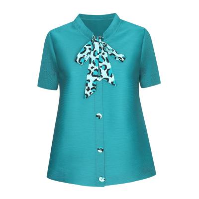 China 2023 Summer QUICK DRY Ladies Blouses Solid Color Miyake Pleated Tops Sailor Collar Digital Printed Beading Bowknot T-skirt for sale