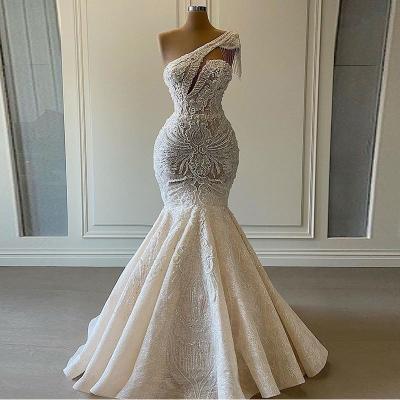 China ON474 One Shoulder Mermaid Wedding Dresses Breathable Beaded Crystal Lace Applique Tassel Bridal Dress For Wedding Party for sale