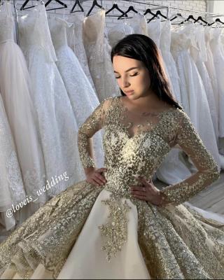 China Breathable NE218 Ivory Vintage Lace With Gold Lace Long Sleeves Ball Gown Turkey Wedding Wedding Dresses Sparkly Bride Dress for sale