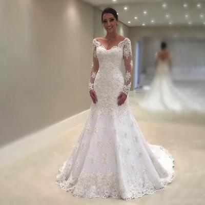 China FA167 Sereia Lace Mermaid Bridal Wedding Dresses 2022 Breathable V Neck Backless Long Sleeve Bridal Gowns for sale