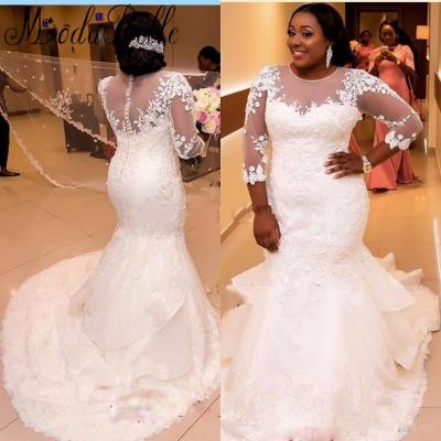 China NE183 Breathable African Lace Mermaid Wedding Dresses Three Quarter Size Plus White Bride Dresses 2022 for sale