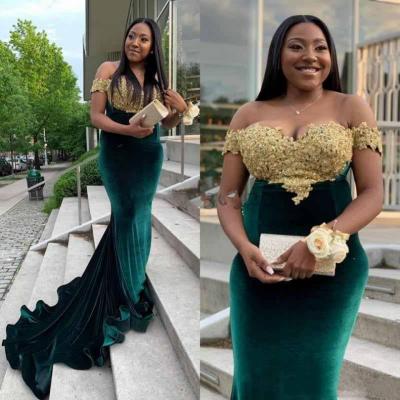 China EV046 Mermaid Evening Dresses Breathable African Velvet Off The Shoulder Gold Appliques Beads Formal Plus Size Evening Dress Party for sale