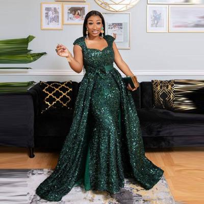 China EV040 Breathable Green Sequined Mermaid Evening Dresses With Detachable Sash Bow Train African Plus Size African Dresses for sale