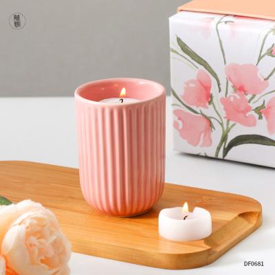 China Pink Nordic Style Fluted Candle Home Decor Wedding Gifts Container Custom Logo Dull Candle Jar With Gift Box for sale