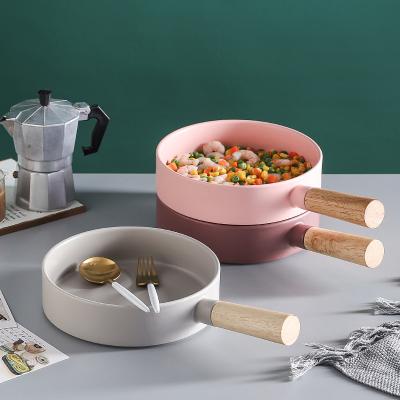 China Nordic Viable Kitchen Office Wooden Handle Soup Bowl Good Quality Style Ceramic Salad Bowl for sale